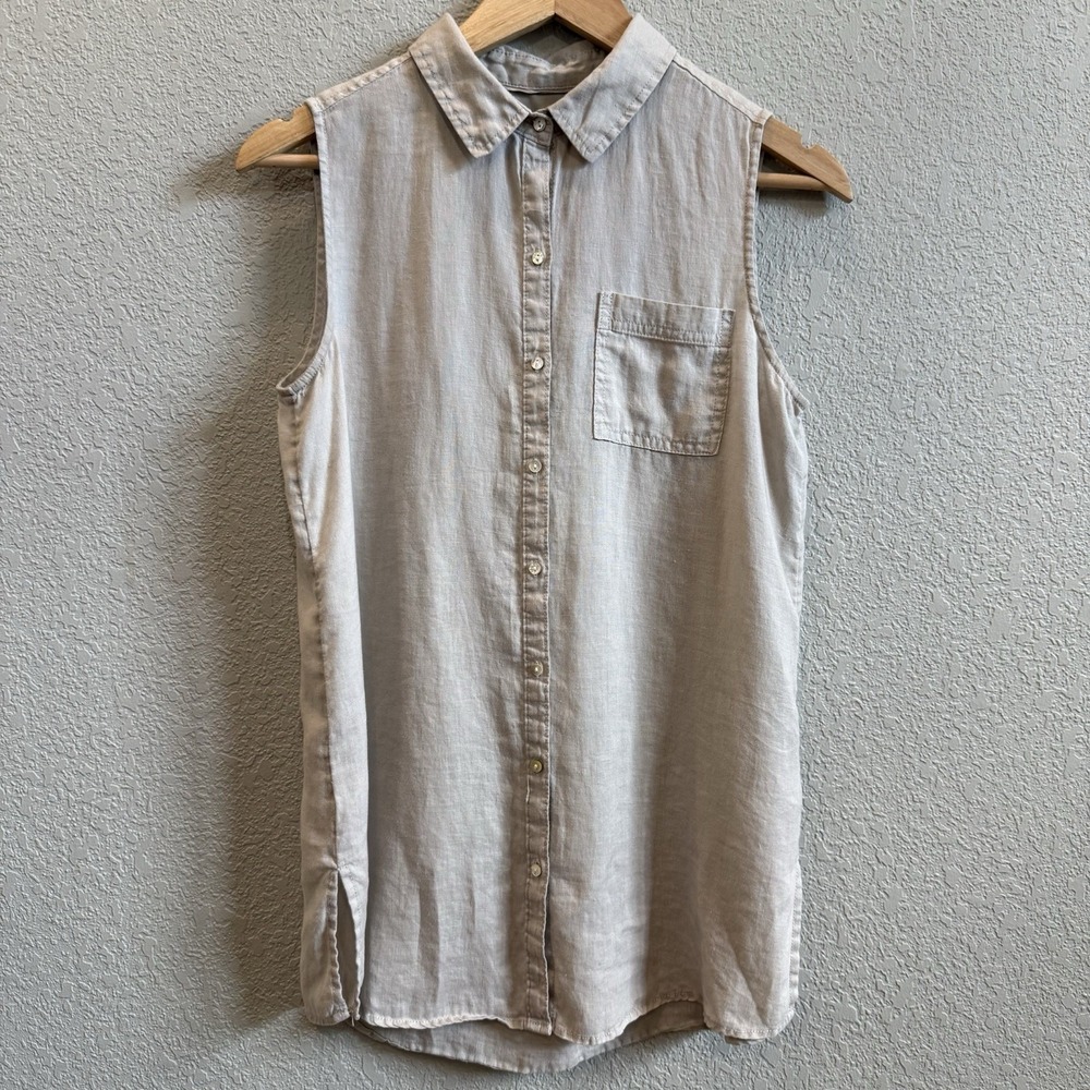 100% Linen Sleeveless Tunic Blouse Natural Beige Pearl Buttons • Jones & Co • S